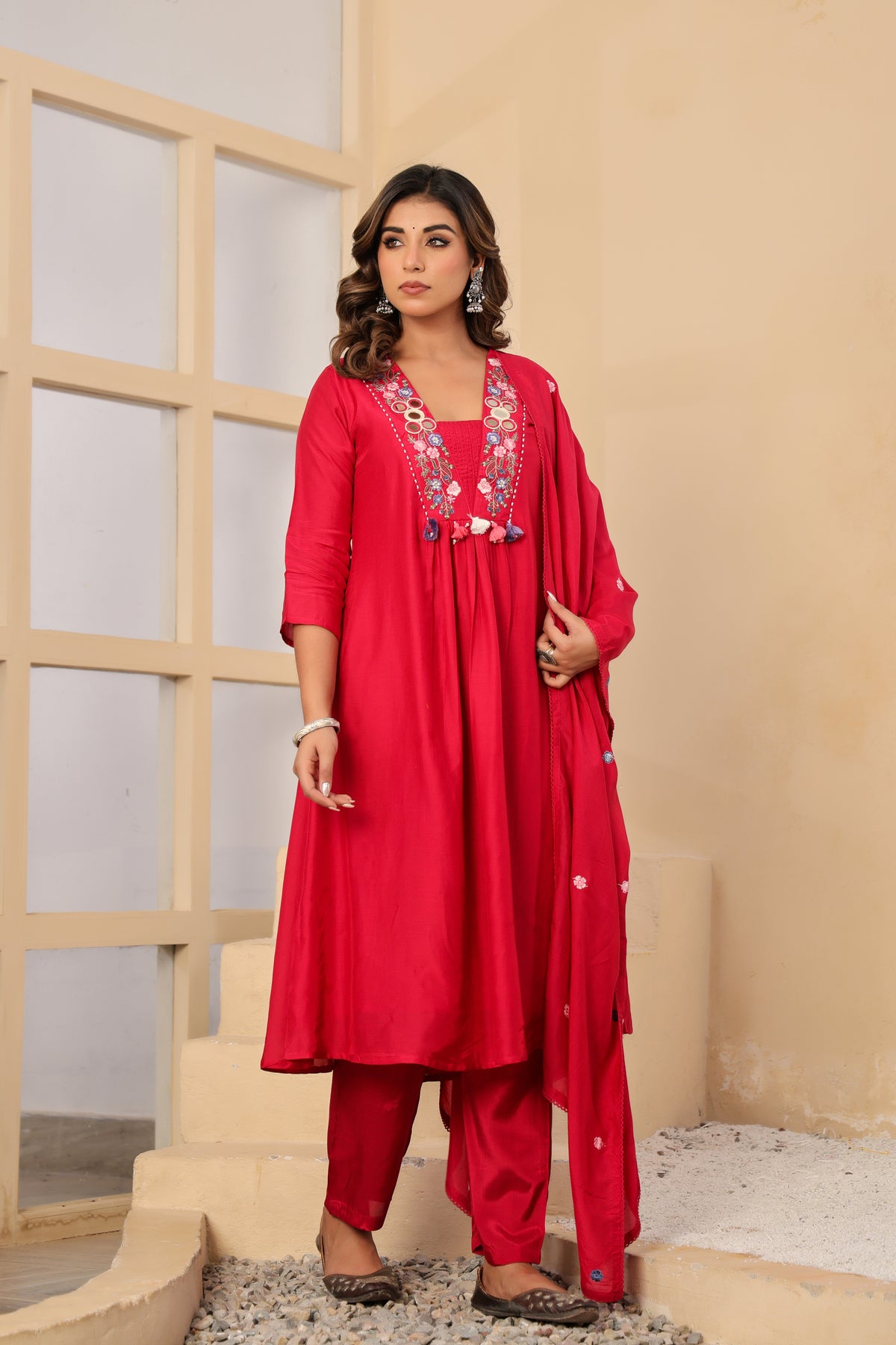 Rani Fabric Silk Kurti Pant Dupatta 3Pcs Set