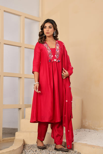Rani Fabric Silk Kurti Pant Dupatta 3Pcs Set