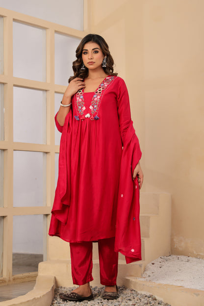 Rani Fabric Silk Kurti Pant Dupatta 3Pcs Set