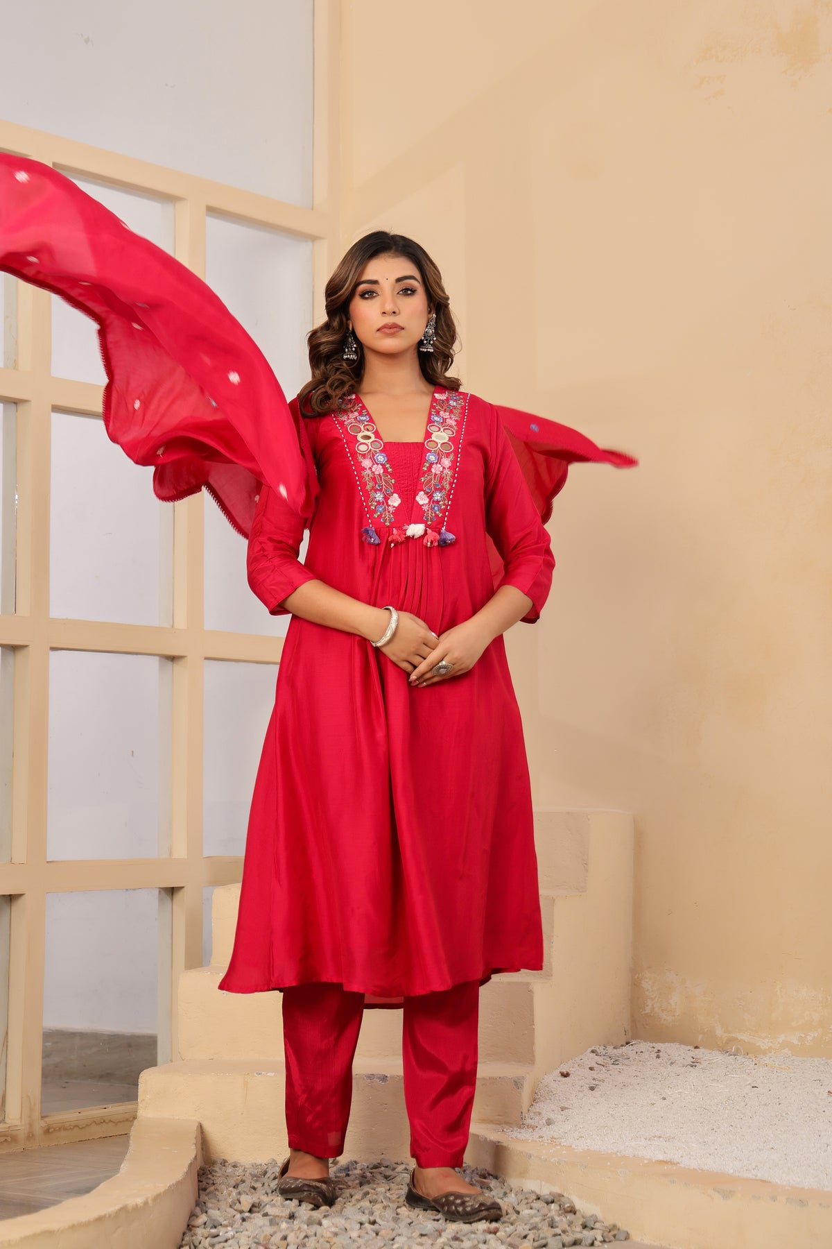 Rani Fabric Silk Kurti Pant Dupatta 3Pcs Set