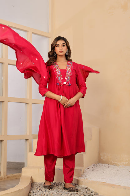Rani Fabric Silk Kurti Pant Dupatta 3Pcs Set