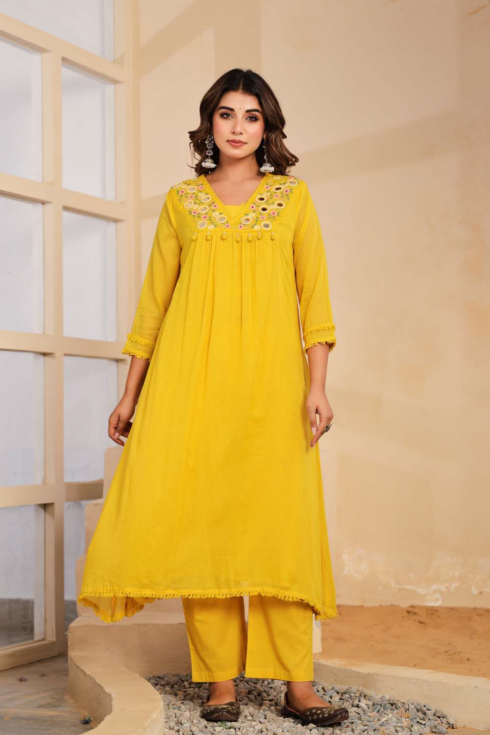 Yellow Fabric Mall Cotton Kurti Plazo Dupatta 3Pcs Set