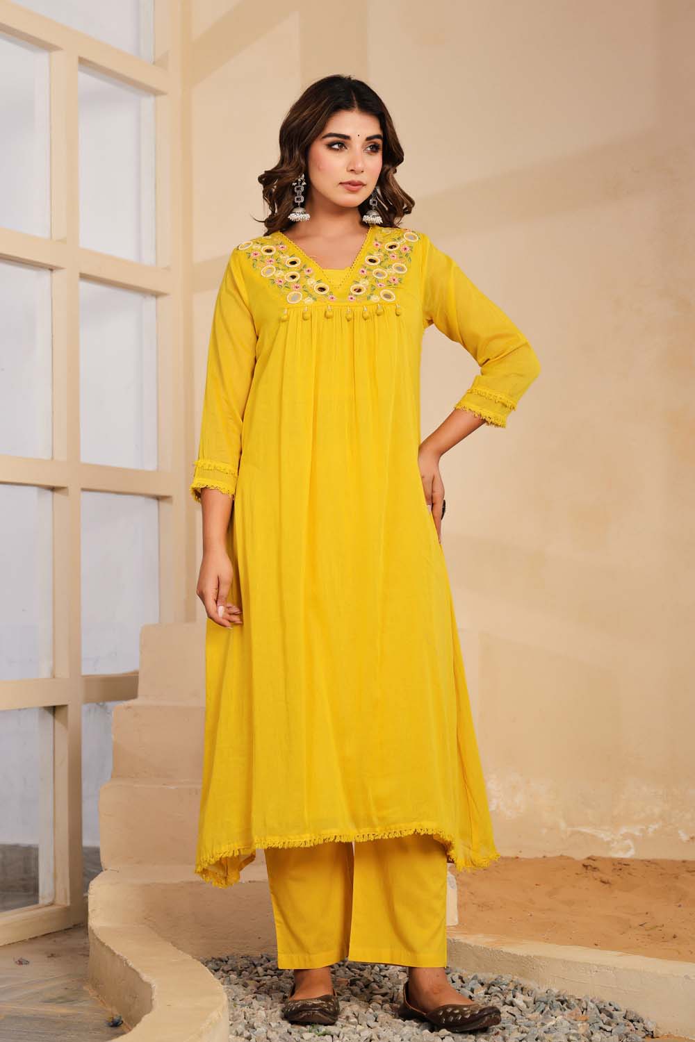 Yellow Fabric Mall Cotton Kurti Plazo Dupatta 3Pcs Set