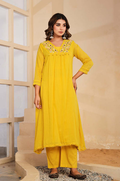 Yellow Fabric Mall Cotton Kurti Plazo Dupatta 3Pcs Set