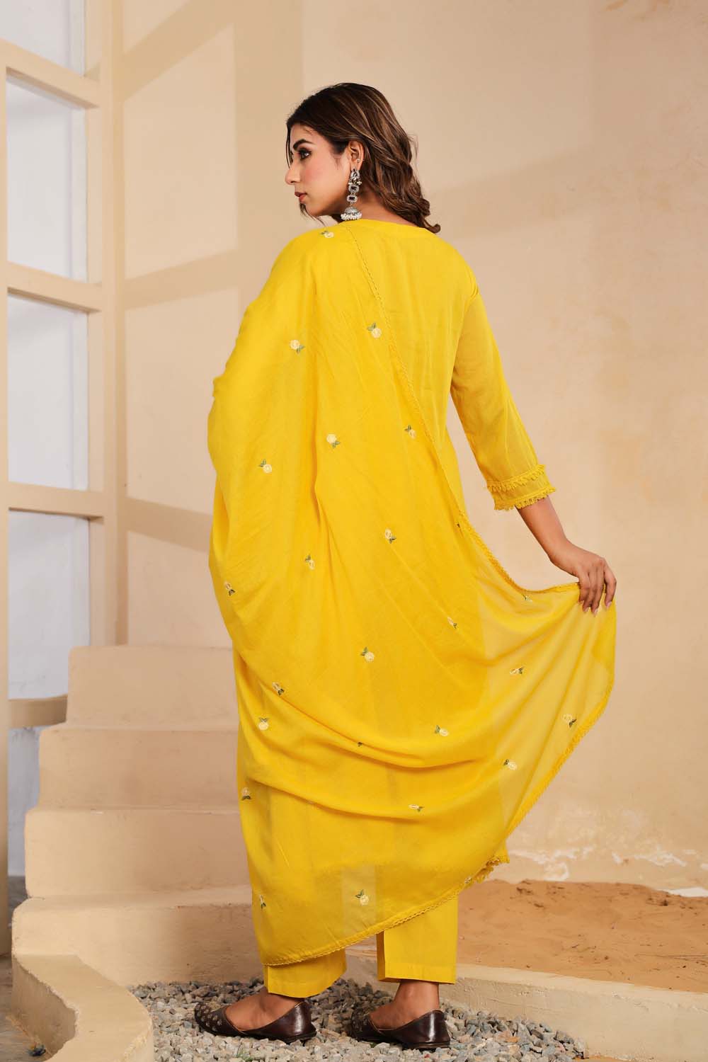 Yellow Fabric Mall Cotton Kurti Plazo Dupatta 3Pcs Set