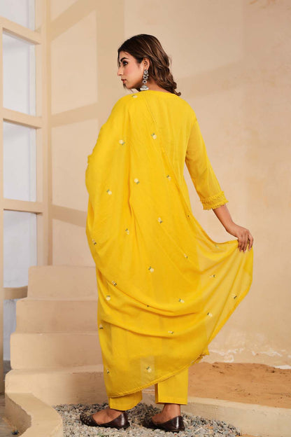 Yellow Fabric Mall Cotton Kurti Plazo Dupatta 3Pcs Set