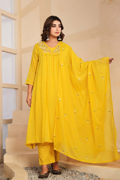 Yellow Fabric Mall Cotton Kurti Plazo Dupatta 3Pcs Set