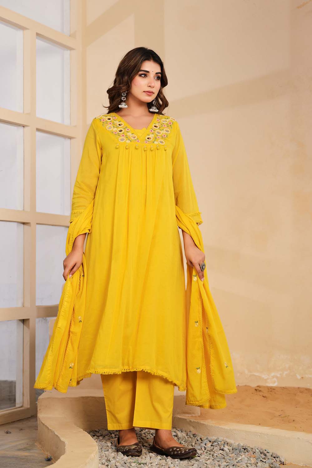 Yellow Fabric Mall Cotton Kurti Plazo Dupatta 3Pcs Set