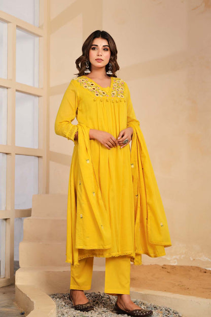 Yellow Fabric Mall Cotton Kurti Plazo Dupatta 3Pcs Set