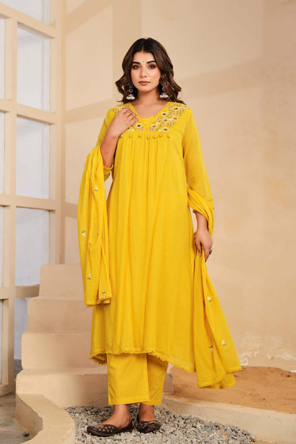Yellow Fabric Mall Cotton Kurti Plazo Dupatta 3Pcs Set
