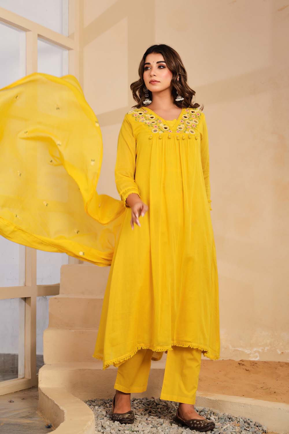 Yellow Fabric Mall Cotton Kurti Plazo Dupatta 3Pcs Set