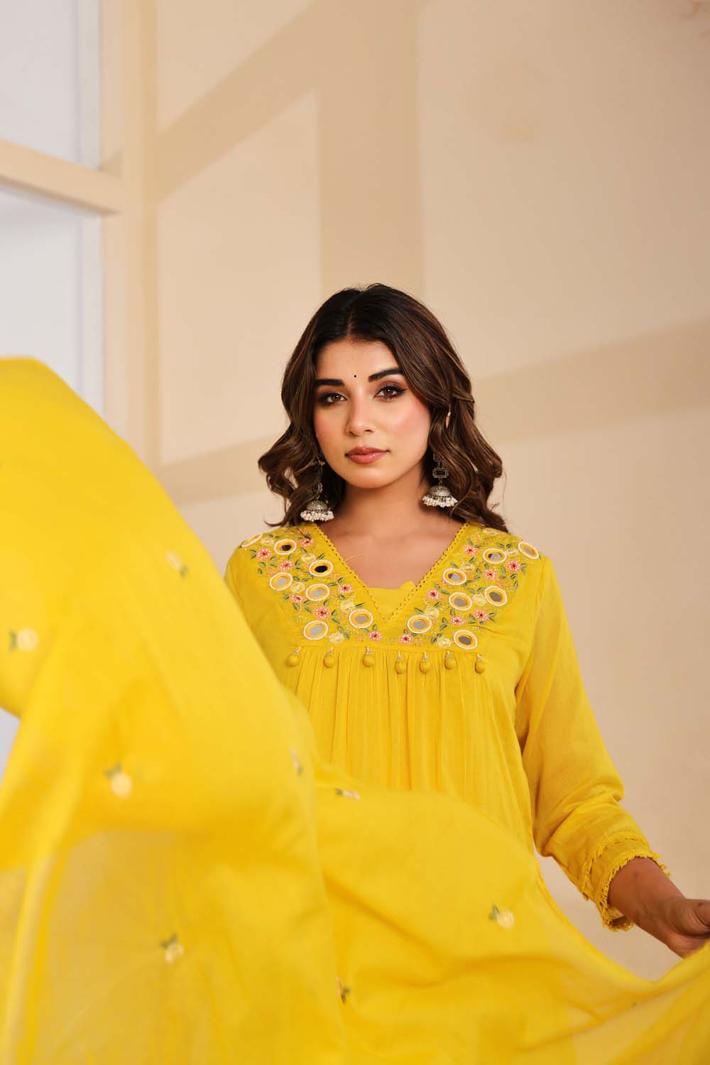Yellow Fabric Mall Cotton Kurti Plazo Dupatta 3Pcs Set