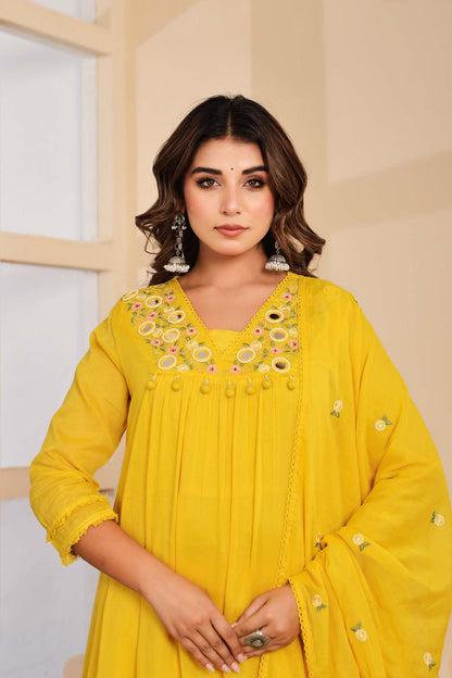 Yellow Fabric Mall Cotton Kurti Plazo Dupatta 3Pcs Set