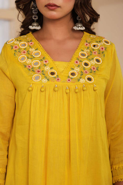 Yellow Fabric Mall Cotton Kurti Plazo Dupatta 3Pcs Set