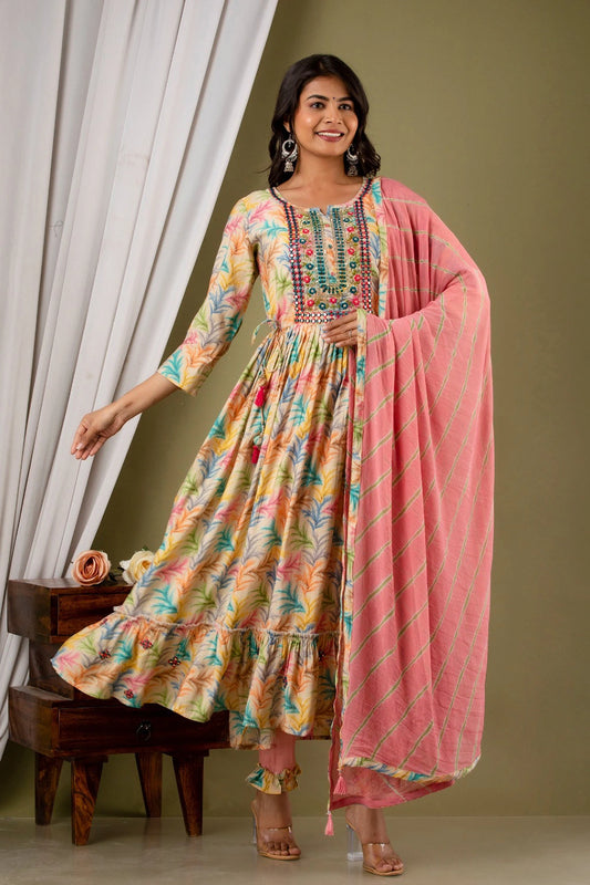 Buff Cotton Naira Cut Kurti Pant Dupatta