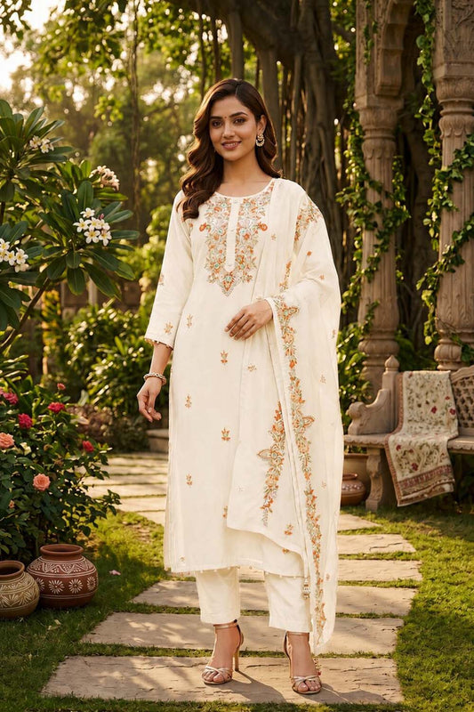 Cream Silk Kurti Pant 3 Pieces Set
