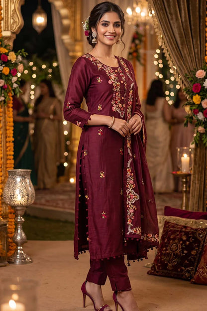 Silk Kurti Pant 3 Pieces Set