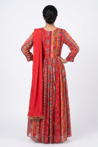 Red Chinon Long Frock Kurti Set
