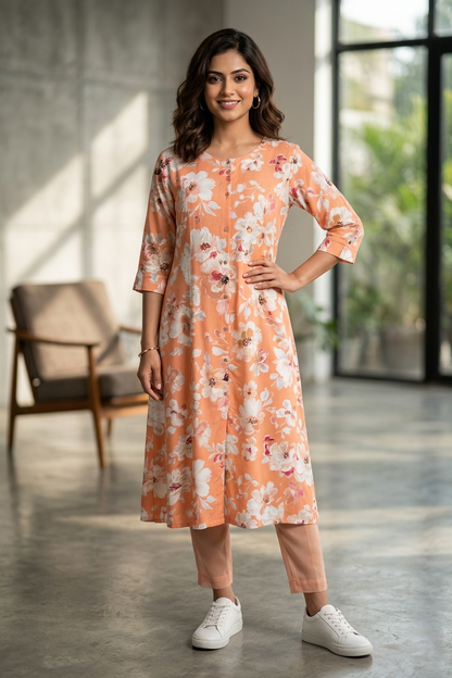 Peach Rayon Printed Aline Kurti