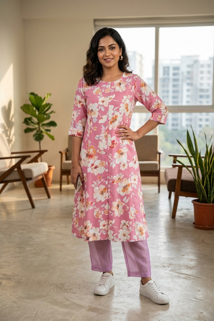 Onion Pink Rayon Printed Aline Kurti