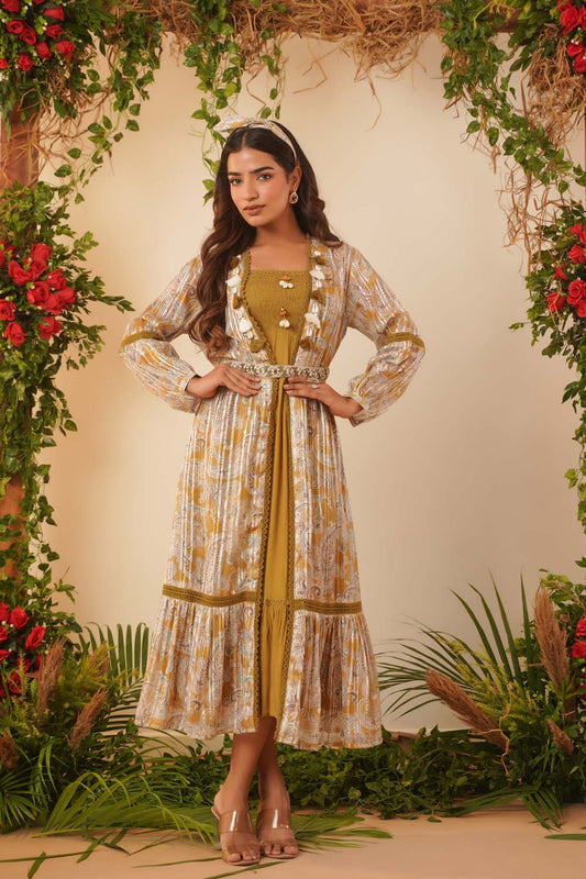 KAIRA MUSTERD KURTI WITH LONG SHRUG BELT