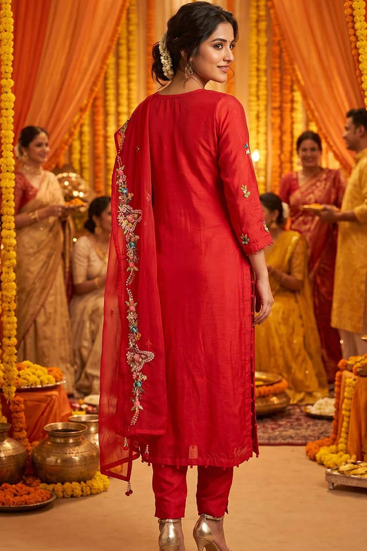Red Silk Kurti Pant 3 Pieces Set