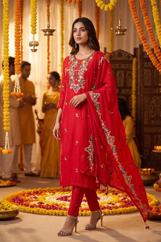 Red Silk Kurti Pant 3 Pieces Set