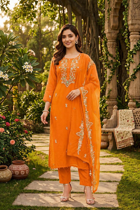 Orange Silk Kurti Pant 3 Pieces Set