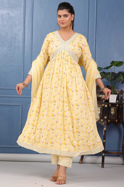 LEMON YELLOW PARTY QUEEN  KURTI WITH PANT AND DUPATTA SET