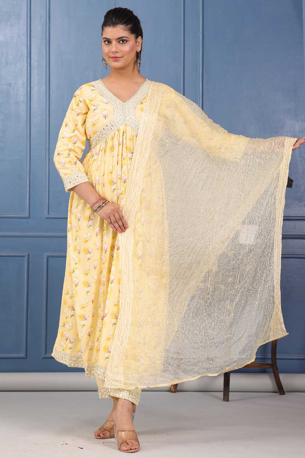 LEMON YELLOW PARTY QUEEN  KURTI WITH PANT AND DUPATTA SET