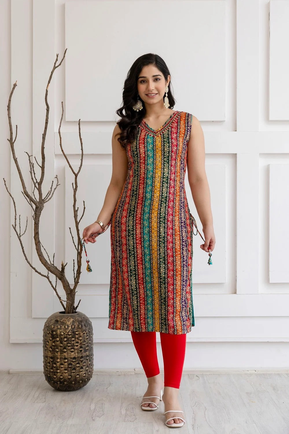 Multi Colour Rayon Handwork Straight Cut Kurti