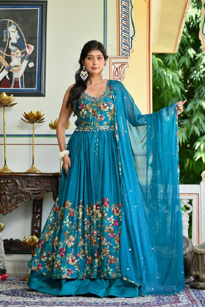 Rama Green Chinon Kurti Skirt 3 Pieces Set