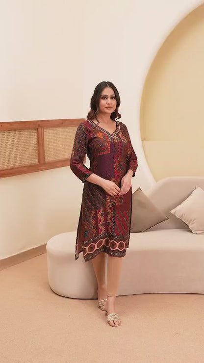 Brown Rayon Printed Straight Kurti