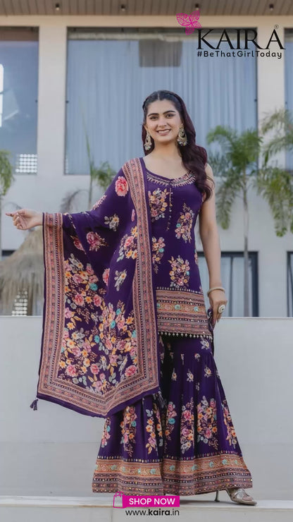 Violet Crepe Sharara Kurti 3 Pieces Set