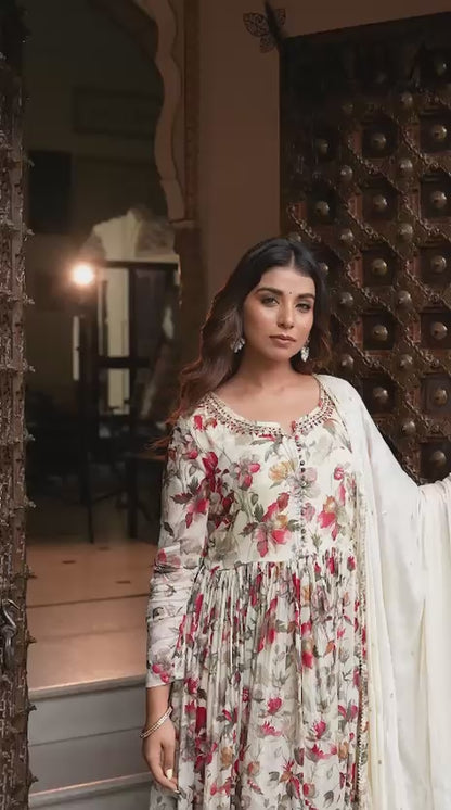 Cream Chinon Frock Kurti 3 Pieces Set