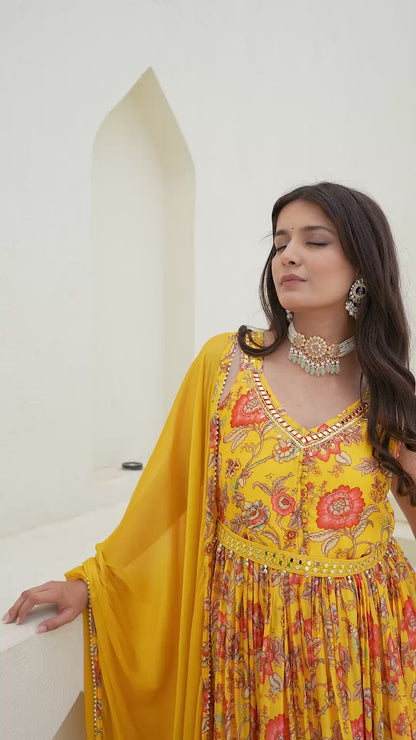 Yellow Chinon Frock Kurti 3 Pieces Set