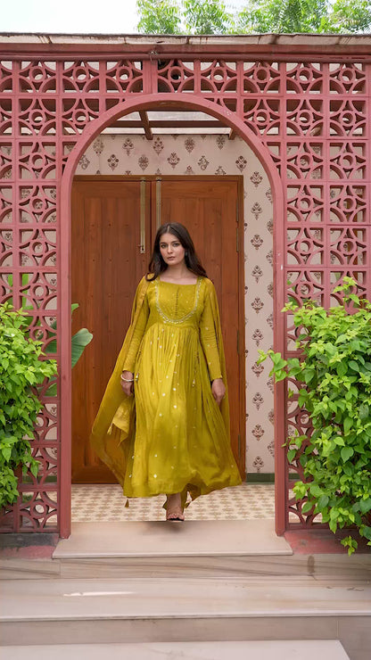 M Green Chinon Frock Kurti 3 Pieces Set