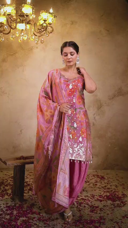 Pink Shimmer Printed Kurti 3 Pieces Set