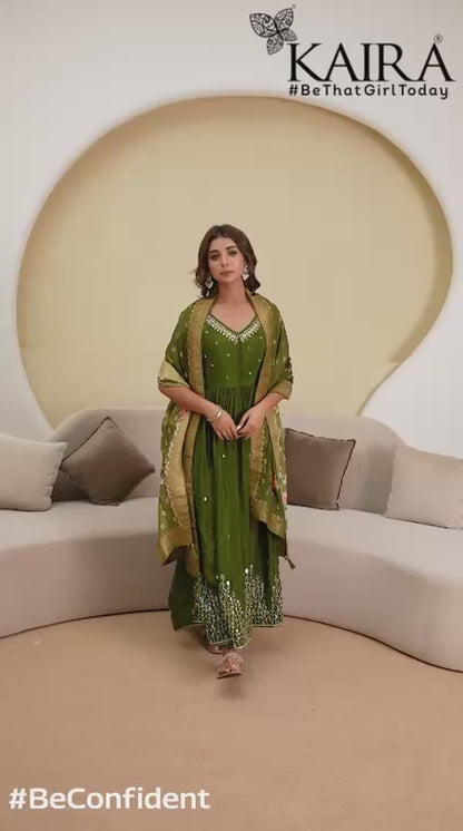 Mehandi Green Chinon Frock Kurti 3 Pieces Set