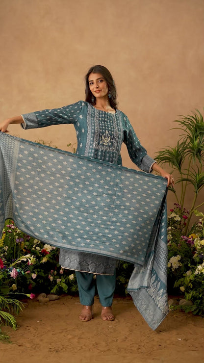 Teal Blue Silk Kurti 3 Pieces Set