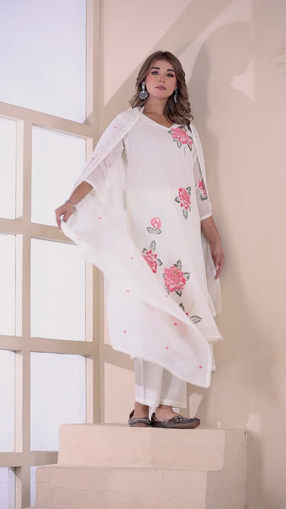 Cream Fabric Mall Cotton Kurti Plazo Dupatta 3Pcs Set