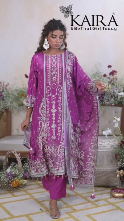 M Pink Pure Satin Handwork Kurti 3 Pieces Set