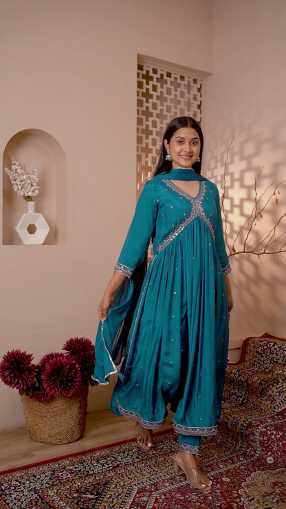 Till Blue Naira Cut Kurti With Pant Dupatta Set