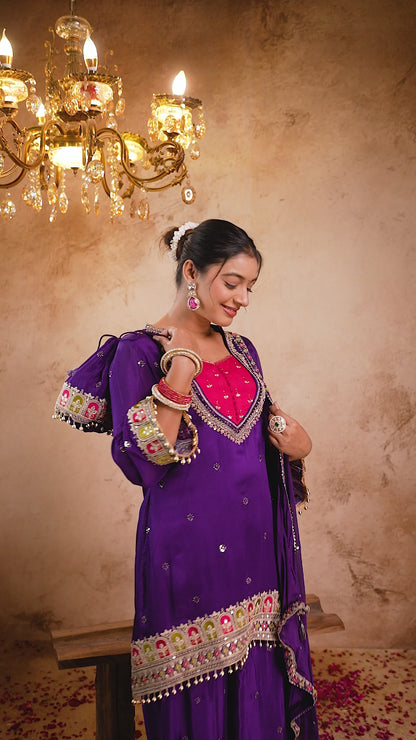 Violet Chinon Kurti Plazo 3 Pieces Set