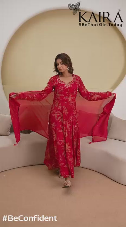 Reddish Pink Chinon Frock Kurti 3 Pieces Set
