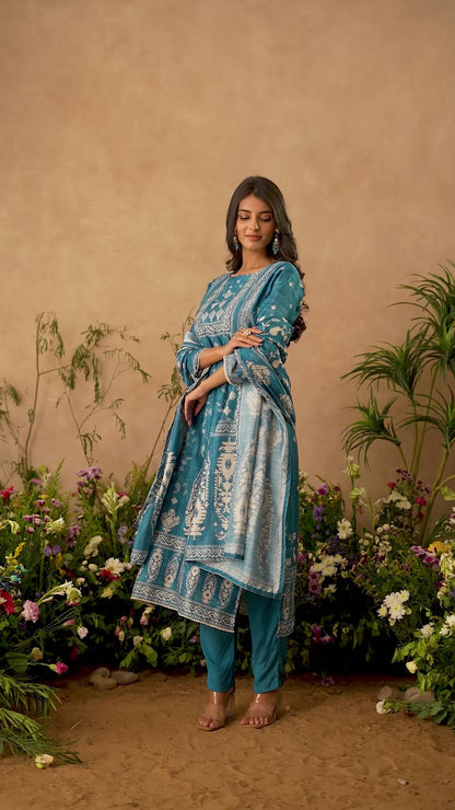 Blue Straight Silk Kurti 3 Pieces Set
