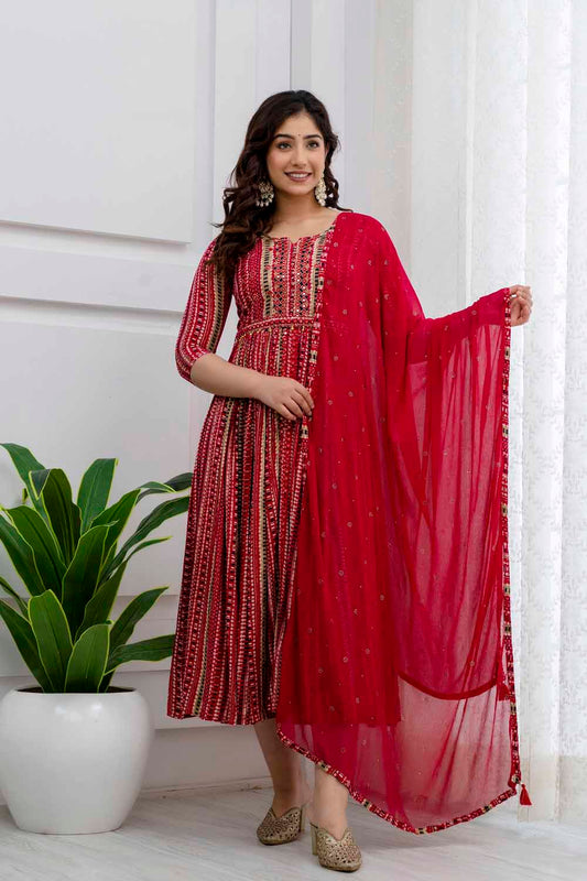 ROSE RED STYLISH FROCK WITH CHIFFON DUPATTA