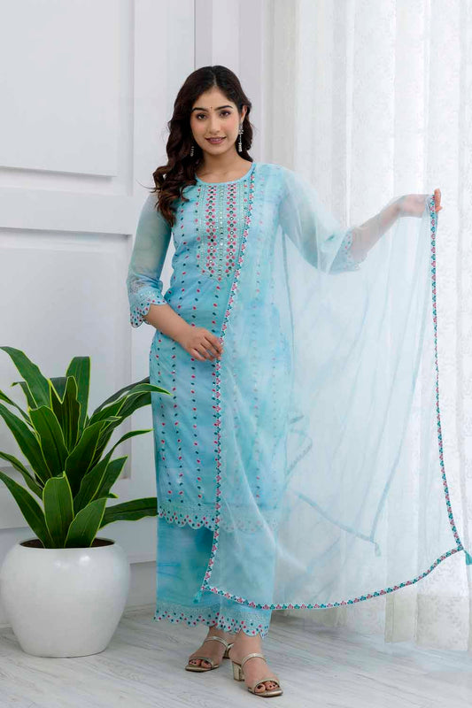 SKY BLUE KURTI WITH PLAZO AND DUPATTA