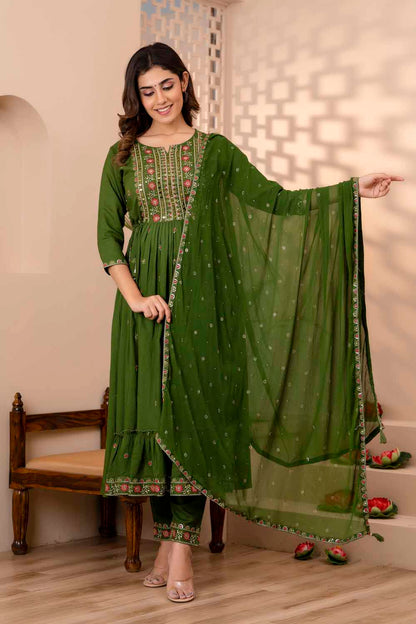 Mahendi Green PartyQueen Round Neck Naira Cut Kurti Pant Dupatta Set