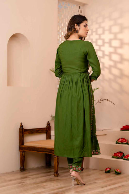 Mahendi Green PartyQueen Round Neck Naira Cut Kurti Pant Dupatta Set